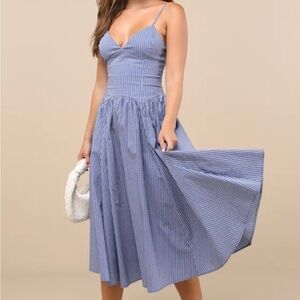 Lulus Carlota Blue Gingham Sleeveless Midi Dress